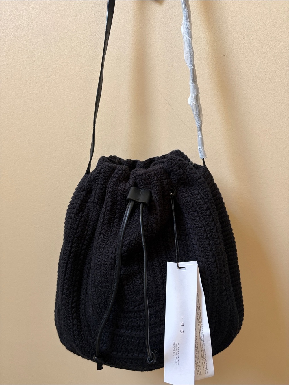 IRO Black Knit Drawstring Crossbody Bucket Bag-New